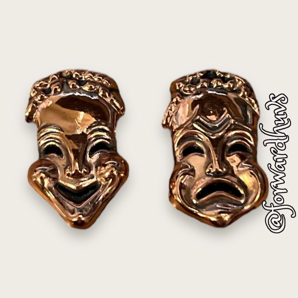Renoir Marked Copper Drama Masks Clip-On Earrings